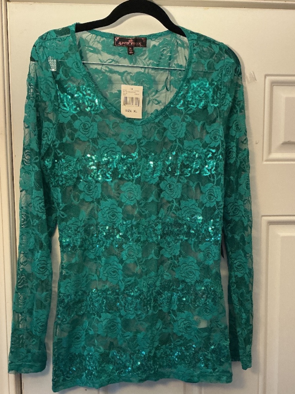 Almost Famous Sequin and Lace Jade Green long sleeve shirt size XL